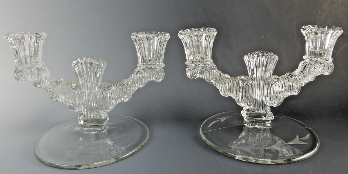 Pair of Paden City Largo Double Light Candle Holders Etch Leaf Base