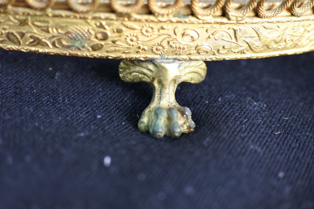 Antique Brass Ornate Jewelry 13-1/2" Tray with Heavy Glass As Is