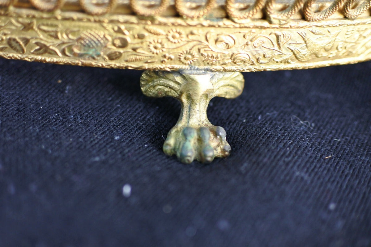 Antique Brass Ornate Jewelry 13-1/2" Tray with Heavy Glass As Is