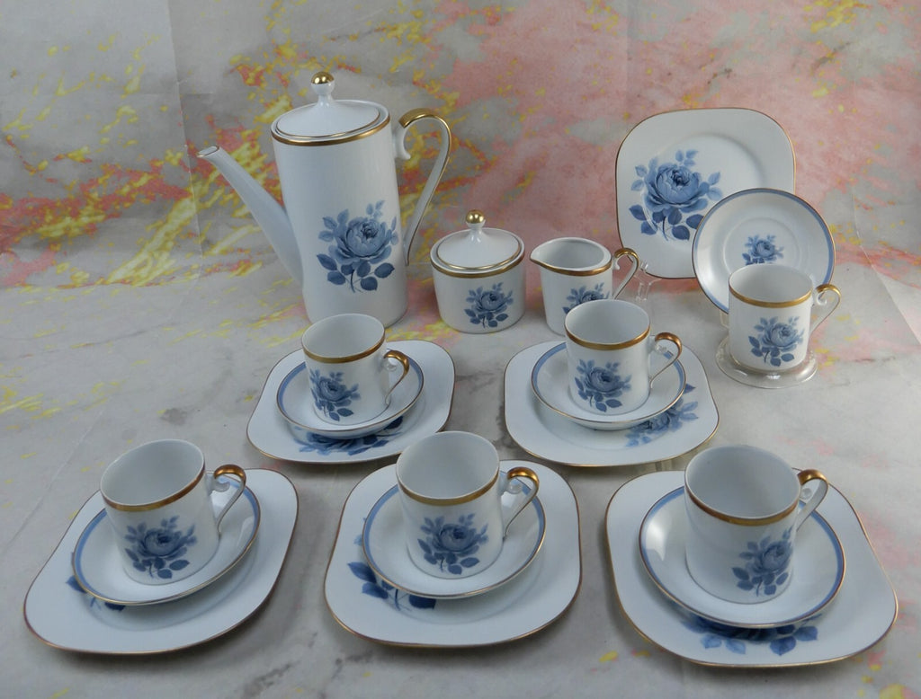 21 Set of Sweden Hackefors Porslin with Blue Roses Espresso Coffee Set For Six