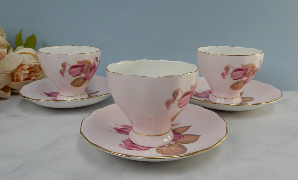 Set of 3 Colclough Bone China Pink Color Water Lily Teacups & Saucers