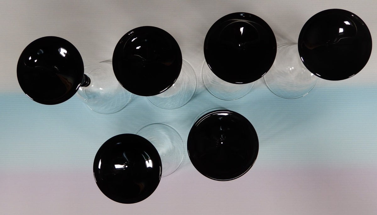 6 Piece Cristal D'Arques Onyx Wine Glasses W/Optic Bowls Black Stem France 5oz