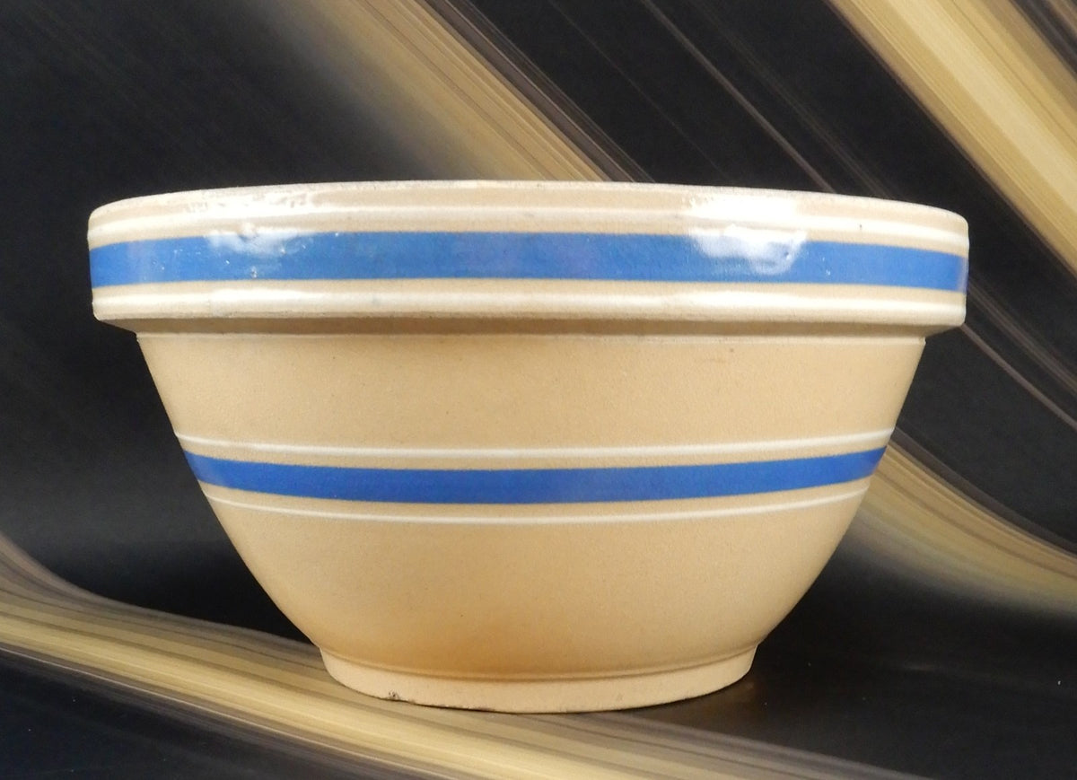 Vintage Ribbed Yelloware Mixing 11-5/8" Bowl with Blue/ White Bands