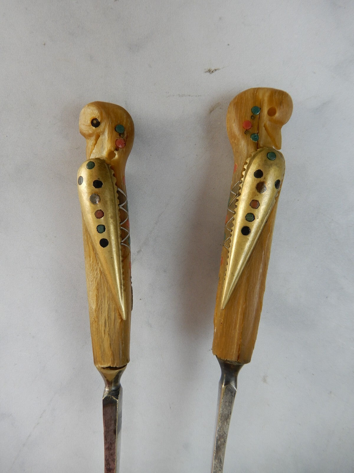 Vintage  Phoenix Bird Carved Handle Salad Servers Said And Alfred Haddad Jezzine