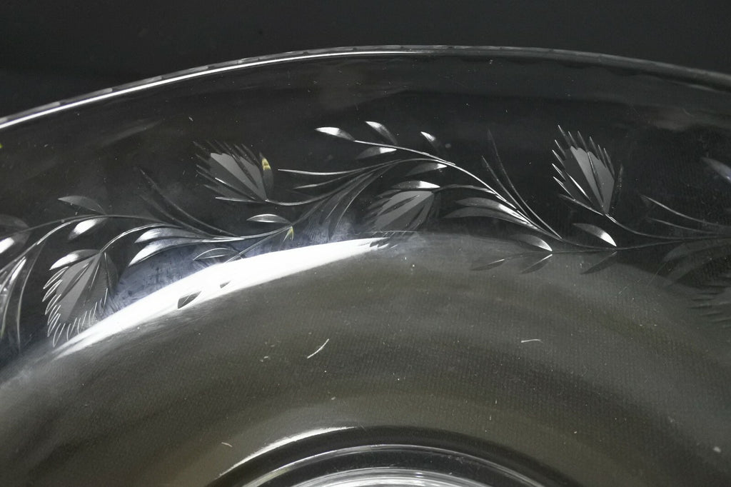 Vintage Glass Serving Bowl Etched Leaves Scalloped Rim