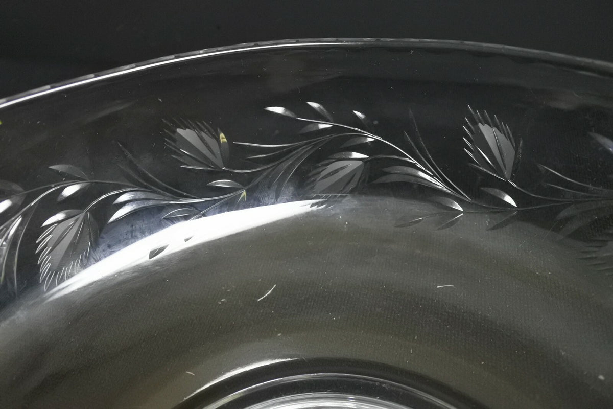 Vintage Glass Serving Bowl Etched Leaves Scalloped Rim