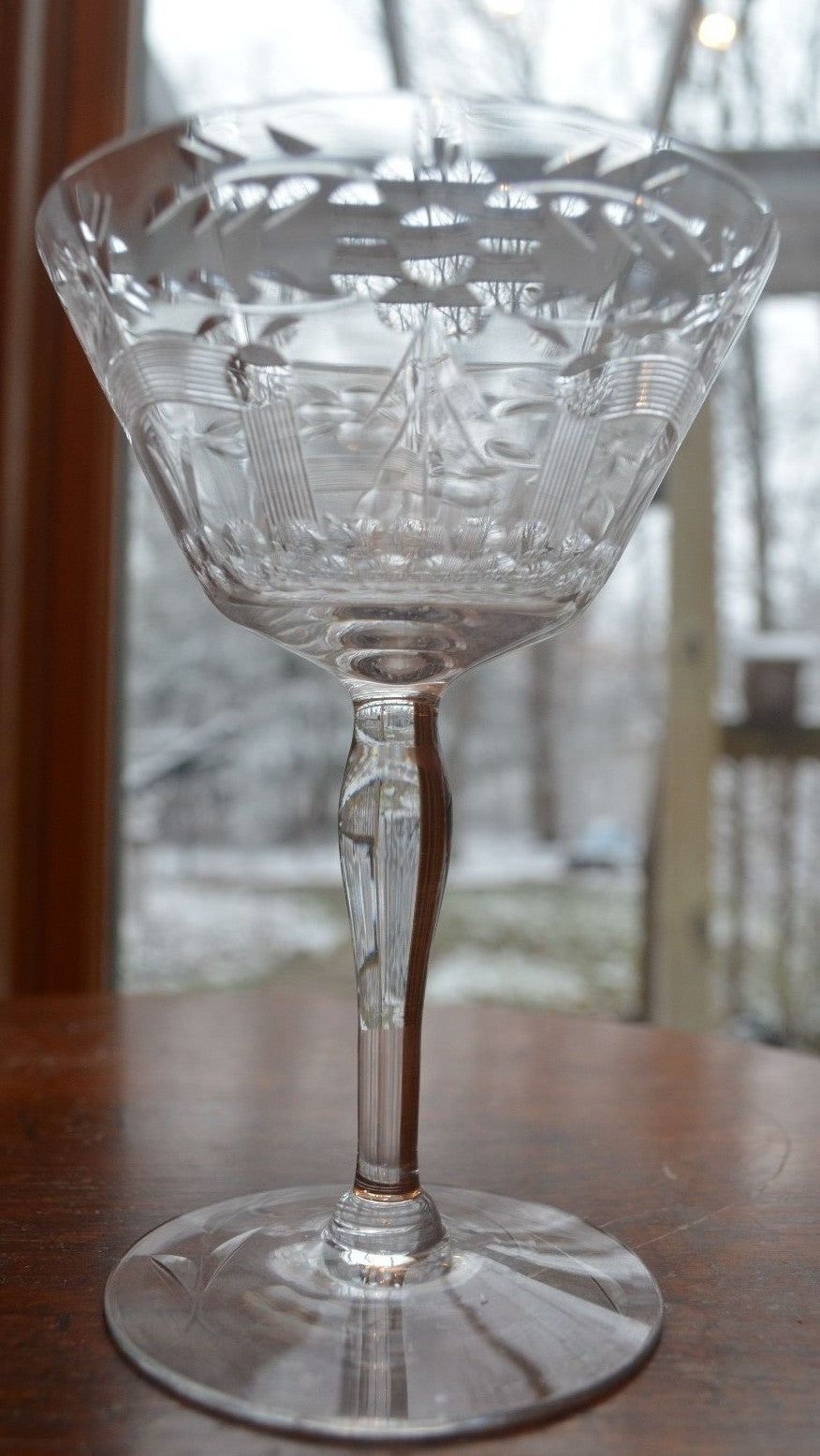Set of 5 Flower Ornate Etched Old Crystal Champagne/ Sherbet 6oz Glasses