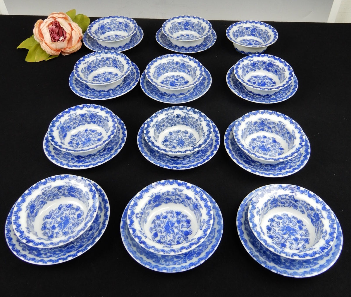 Flow Blue Style Set of 23 Piece 12 Ramekins Custard Cups with 11 Under Plates