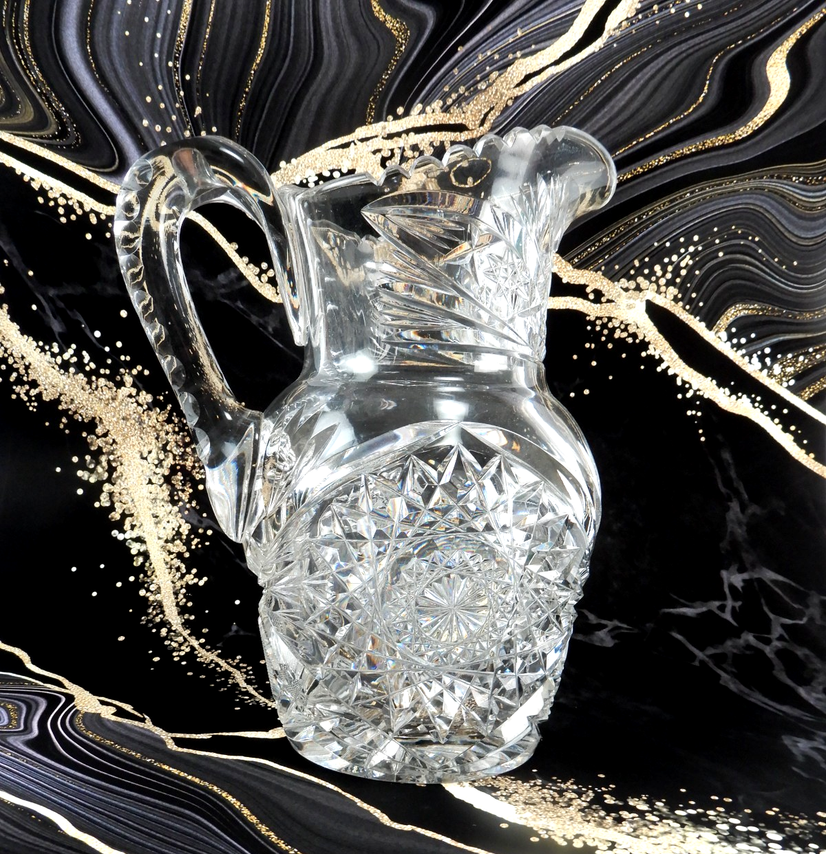American Brilliant Period ABP Heavy Crystal Cut Glass Hobstar,Fan Notched Handle