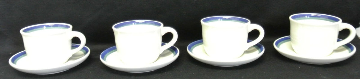 Pfaltzgraff USA Northwinds 4 Cups and Saucers. White & Blue Design. Kitchen