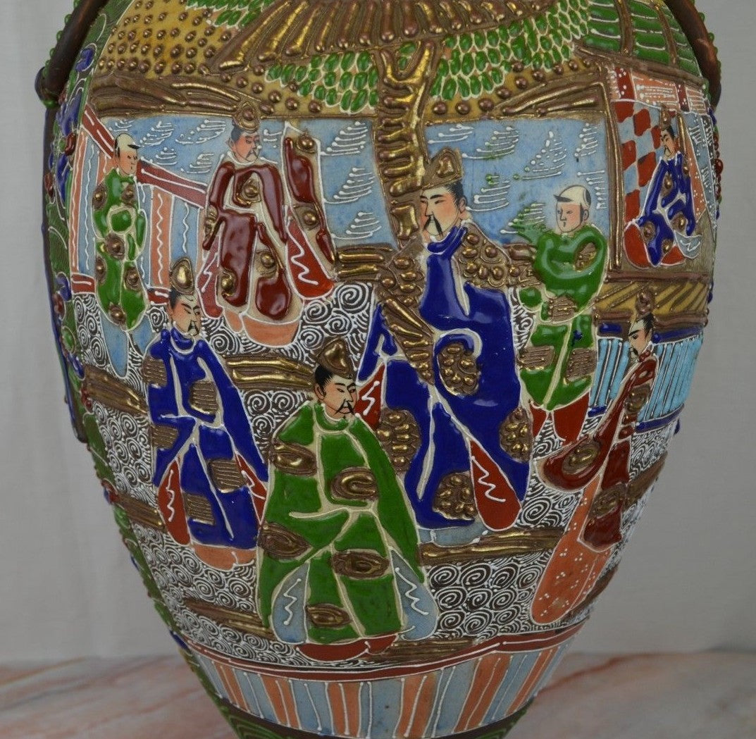 Antique c. Meiji Japanese Moriage Satsuma Detail Handpainted Vase,25" Tall