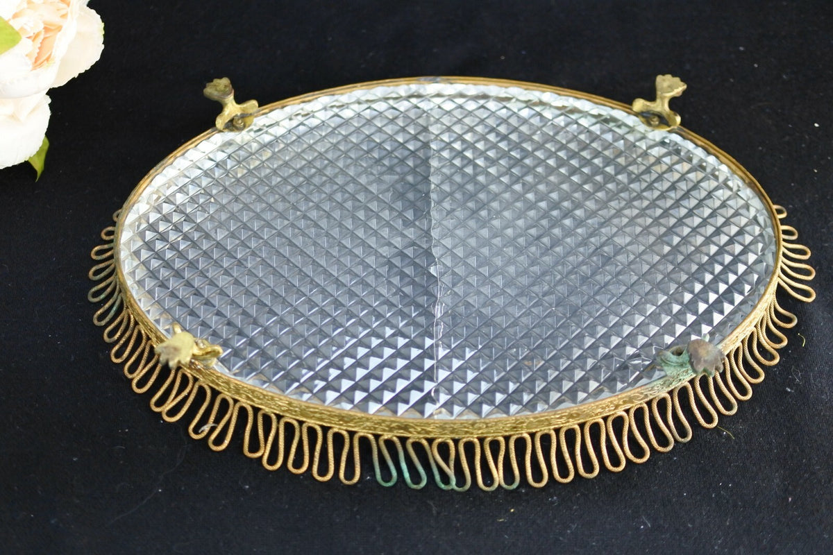 Antique Brass Ornate Jewelry 13-1/2" Tray with Heavy Glass As Is