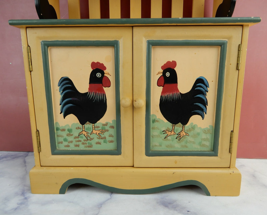 Vtge Small Wood Toy Plate Rack with 2 Shelves,2 Doors Hand Painted w/ Chickens