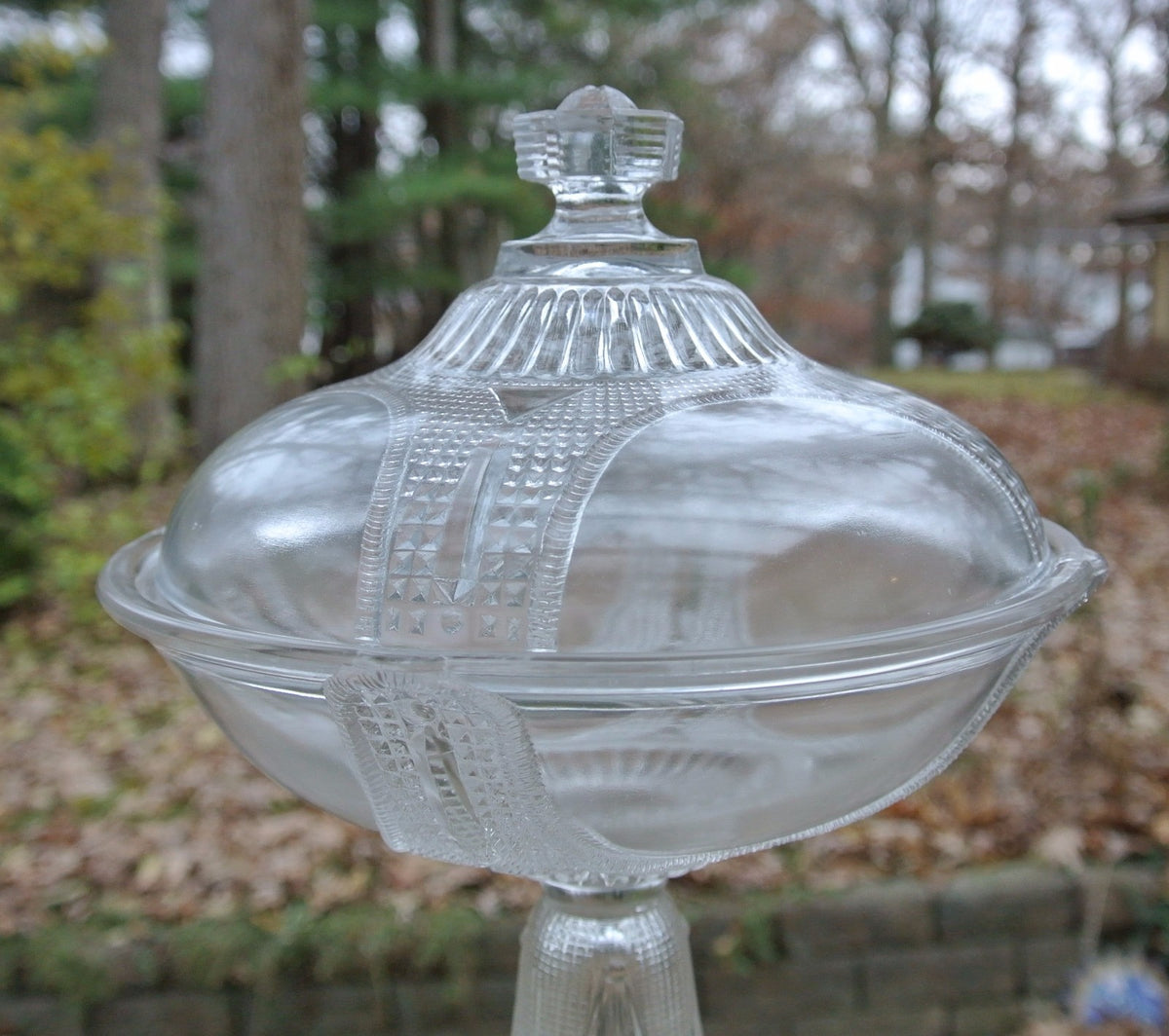 Curtain Tie Back Lidded Compote Early American Pattern Glass Adams & Co