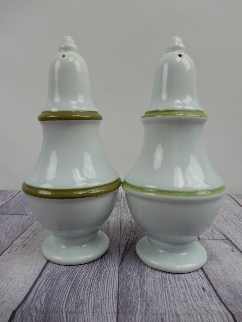 Set of Two Vintage Ironstone Big Salt & Pepper Shakers w/Green Bands