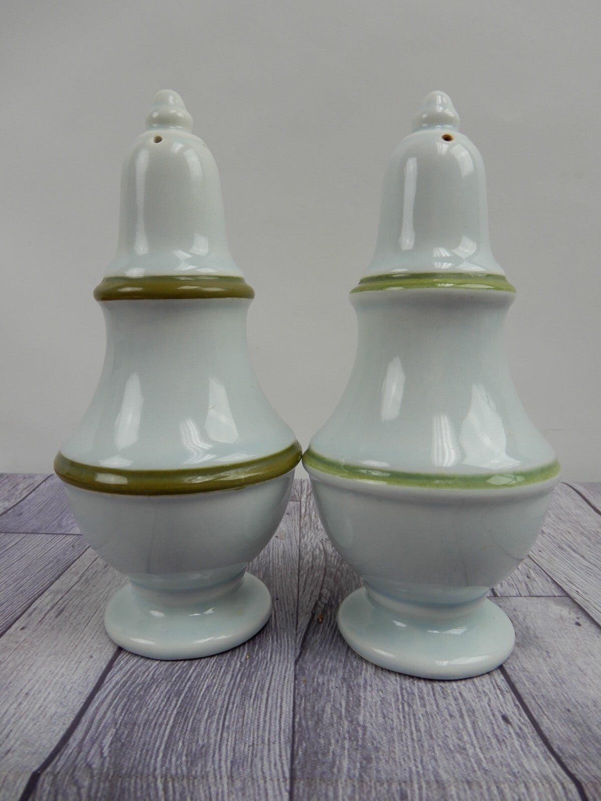 Set of Two Vintage Ironstone Big Salt & Pepper Shakers w/Green Bands