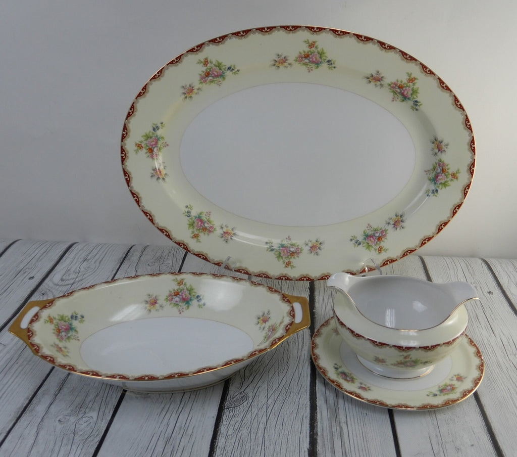 Set of 3 Pc. Meito China Floral Japan Platter,Serving Bowl,Gravy Bowl WITH CHIPS
