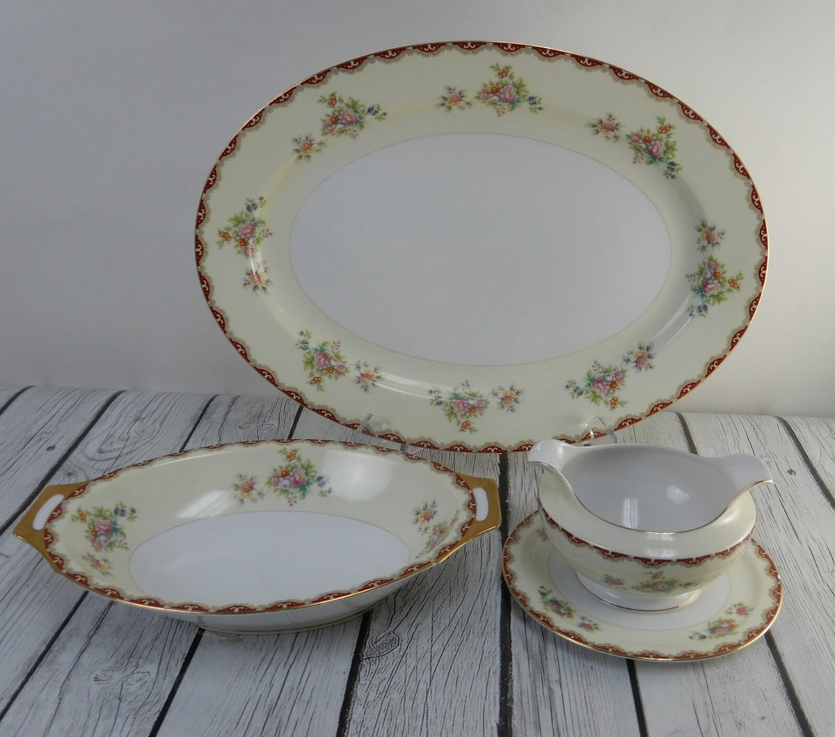 Set of 3 Pc. Meito China Floral Japan Platter,Serving Bowl,Gravy Bowl WITH CHIPS