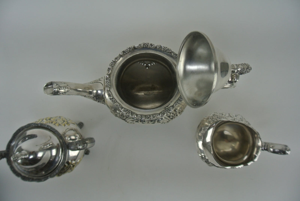 EPCA by Poole Silverplate Teapot #600 - Hand Chased Tea Pot,Sugar Bowl & Creamer