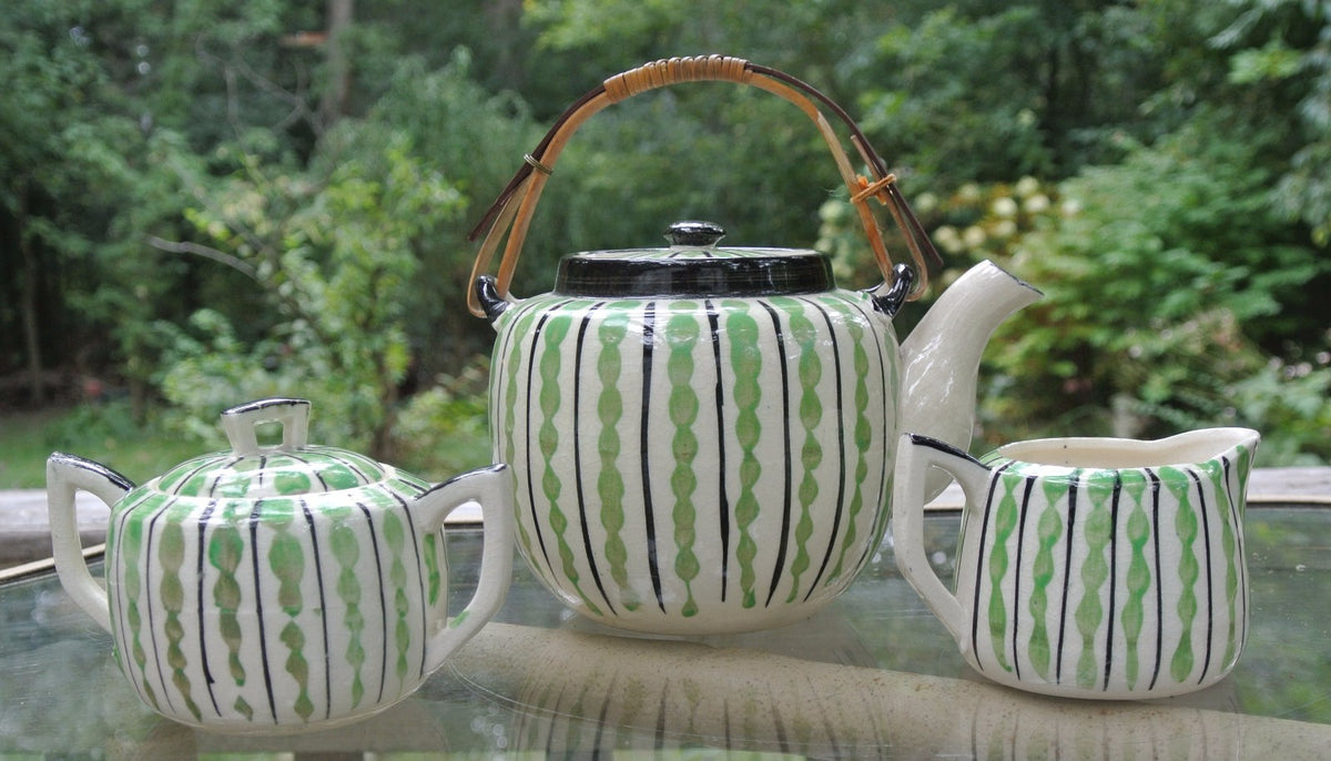 Vintage Stoneware Japanesse 9 Pc. Tea Set Sugar Bowl,Sugar Bowl Creamer 6 Cups