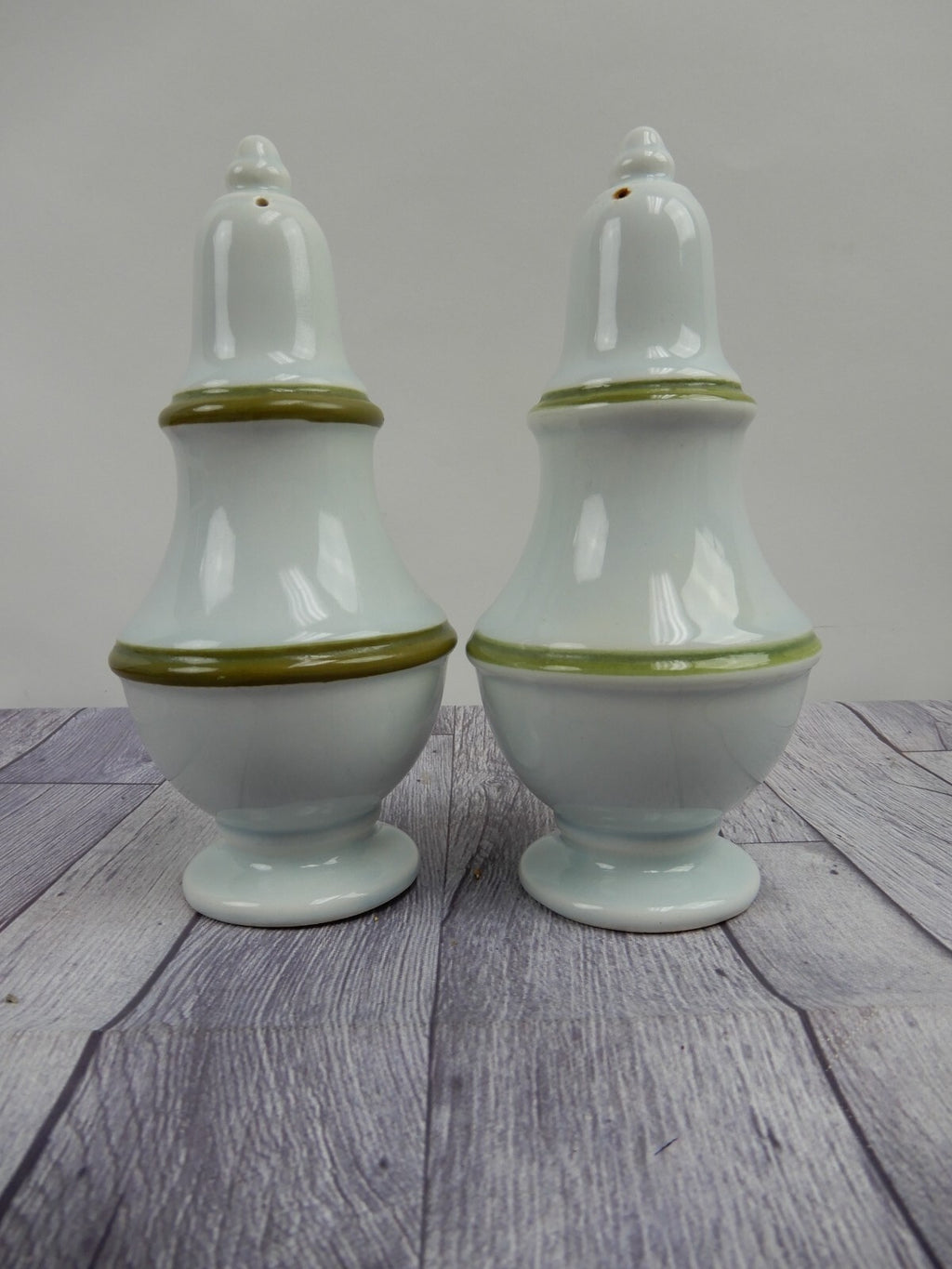 Set of Two Vintage Ironstone Big Salt & Pepper Shakers w/Green Bands