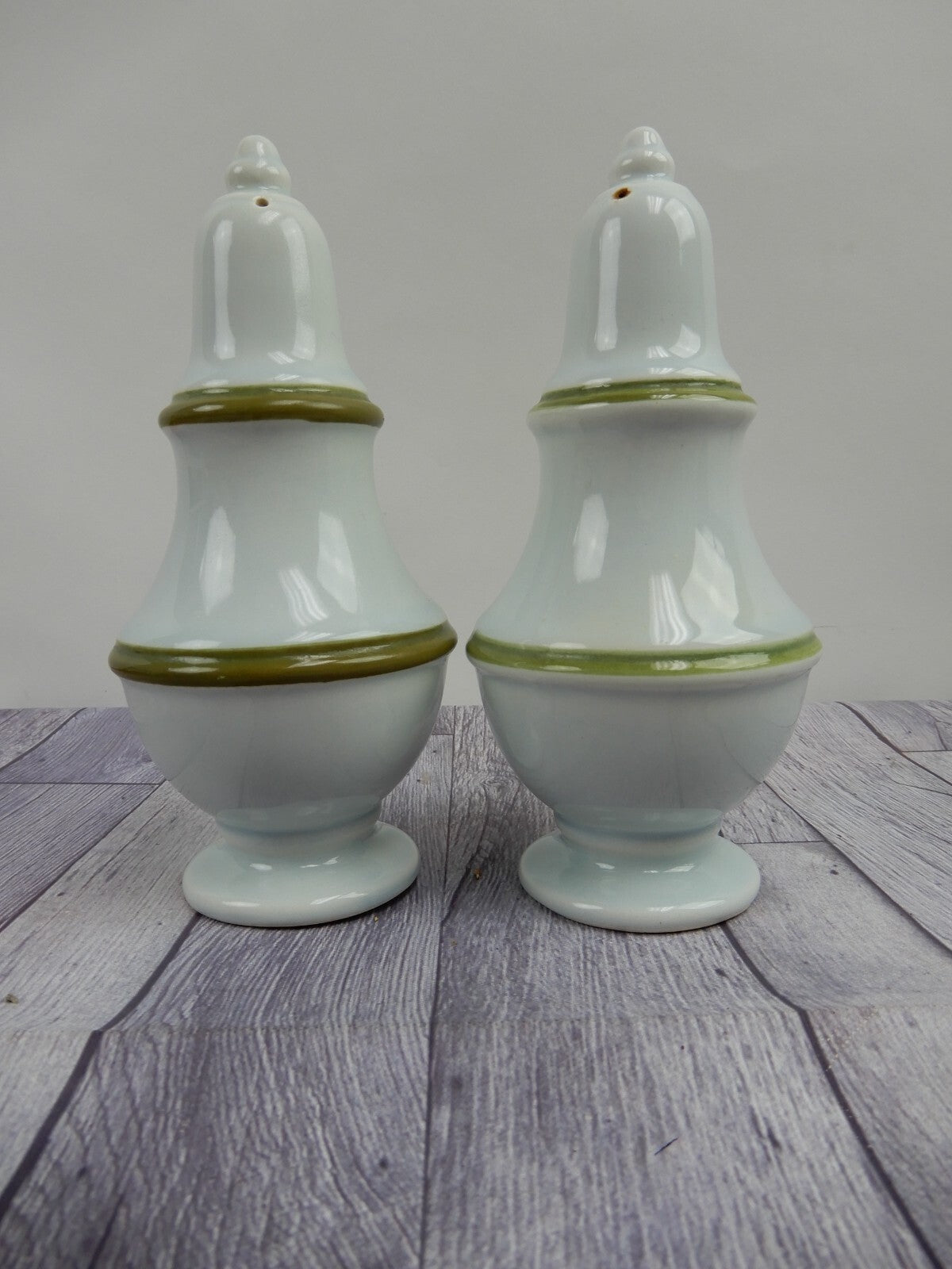 Set of Two Vintage Ironstone Big Salt & Pepper Shakers w/Green Bands