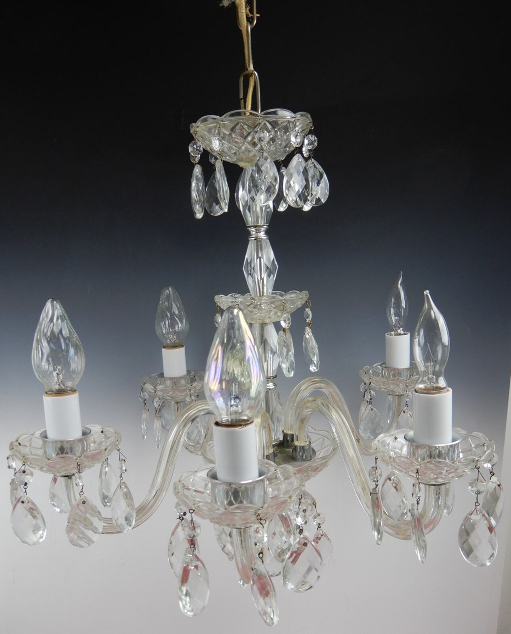 Vintage 20-5/8" 5 Arm Light Light Crystal & Glass Chandelier
