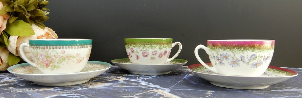 Set of 3 Cups and Saucers with Flowers Made in Austria (Eagle Flying Mark)