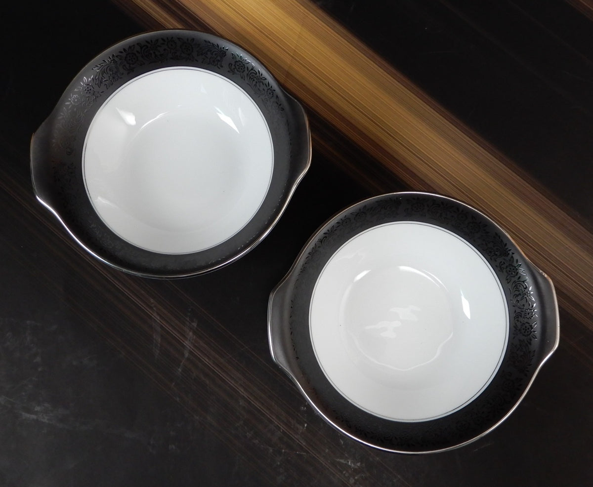 Two Noritake Mirano Lugged Cereal,Bowls Platinum Trim 6878 Lug Bowls Black Band