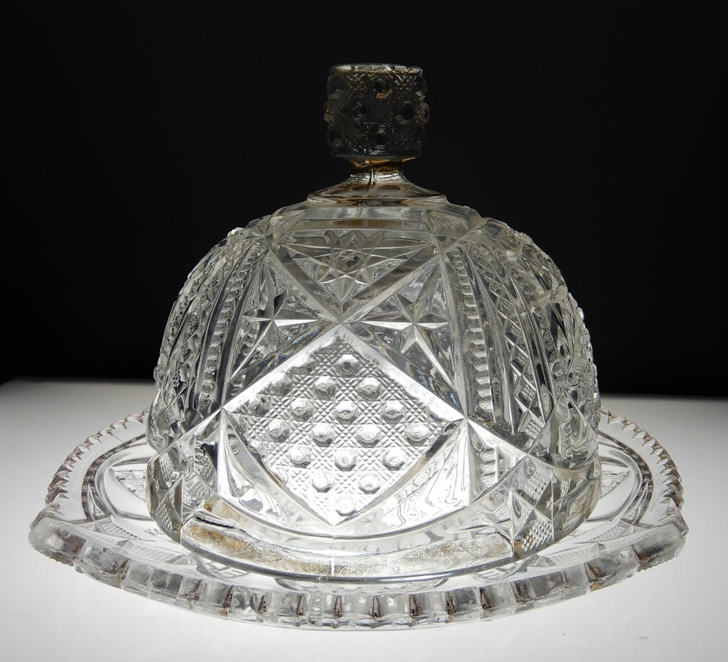 Vintage Clear Press Glass Lidded Round Butter Dish Gold Rims