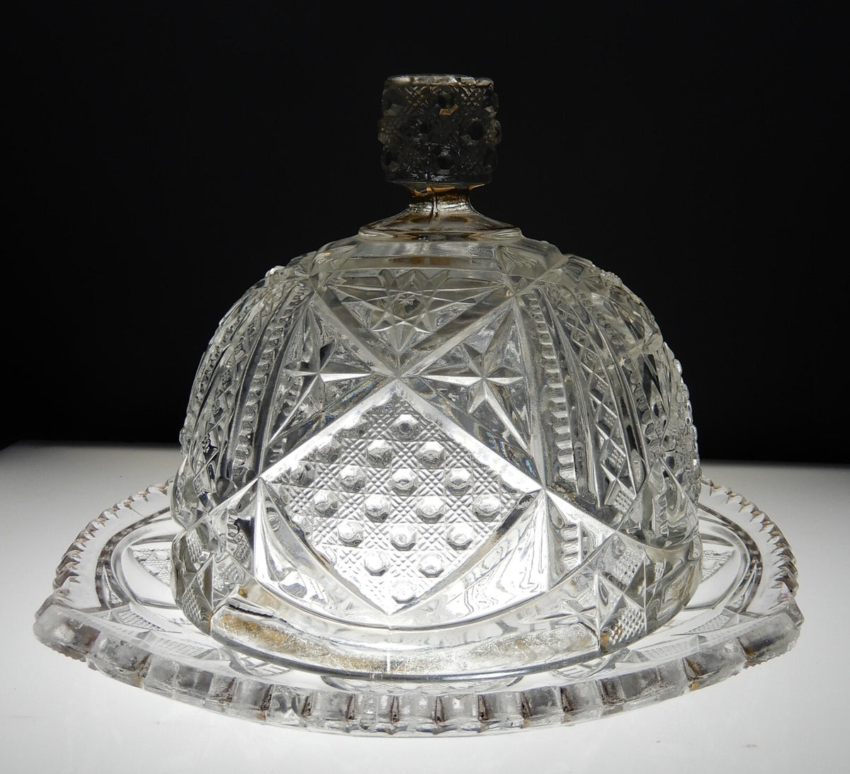 Vintage Clear Press Glass Lidded Round Butter Dish Gold Rims