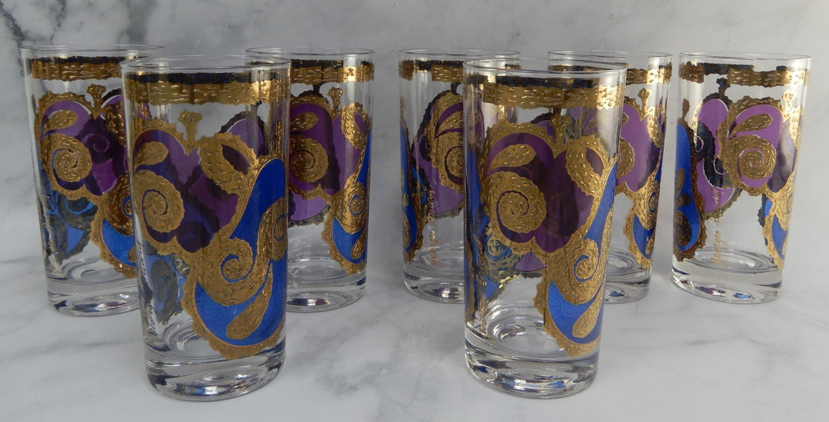 Seven Georges Briard Signed Mid-Century Apple and Pear Pageant Highball Glasses