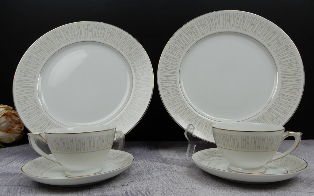 Mikado Malay Gold & Gray Pieces Two Dinner Plates,Two sets of Cups and Saucers