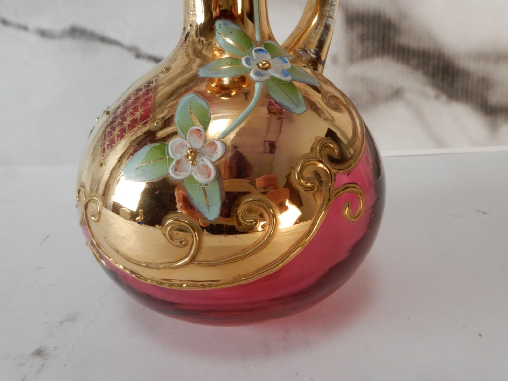 Vintage Glass Czech Bohemia Hand-Painted Red Cruet with Stopper
