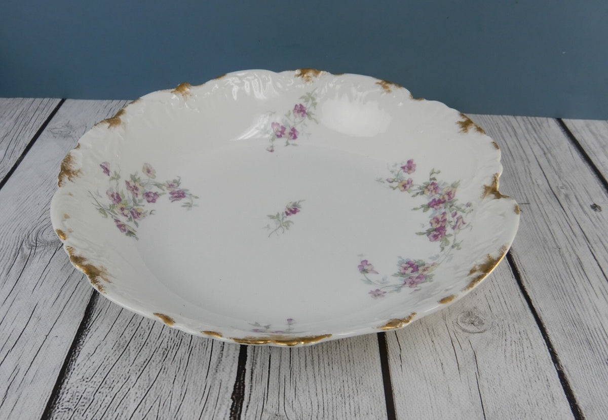 Antique  D & C Limoges France Serving Bowl Purple Scalloped Rim 10-1/4” D
