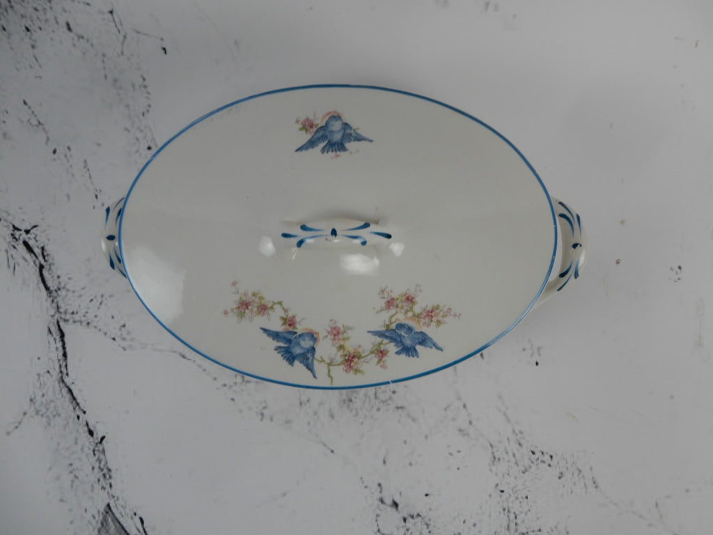 Vintage Homer Laughlin Blue Bird Decal Pattern Oval Covered Casserole ca. 1930