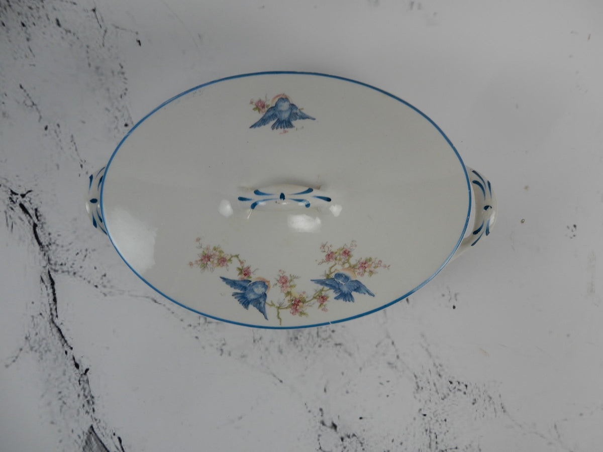 Vintage Homer Laughlin Blue Bird Decal Pattern Oval Covered Casserole ca. 1930