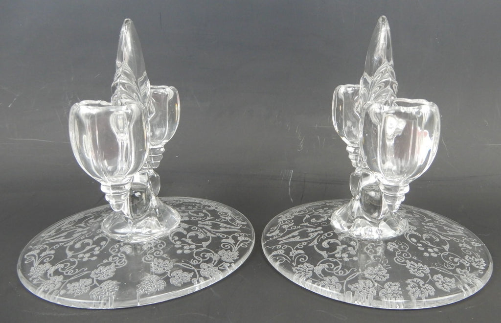 Pair of New Martinsville "Florentine" Double Light Fleur De Lis Candle Holders