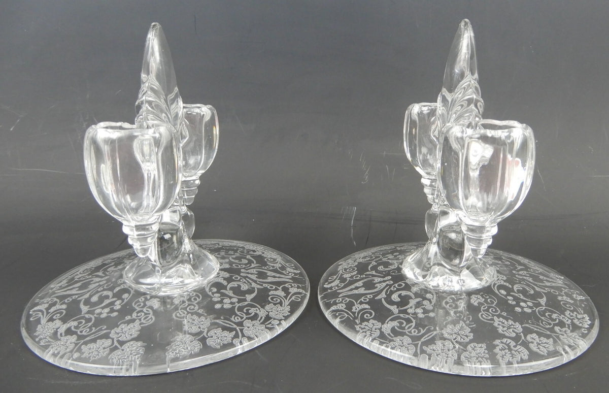 Pair of New Martinsville "Florentine" Double Light Fleur De Lis Candle Holders