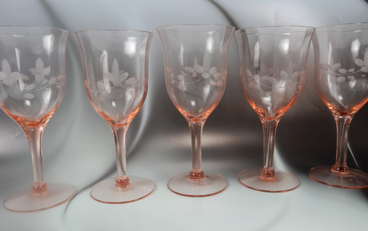 Set of 7 Pink Depression Floral Etched Stemware Wine Glasses ~10 Fluid Ounces