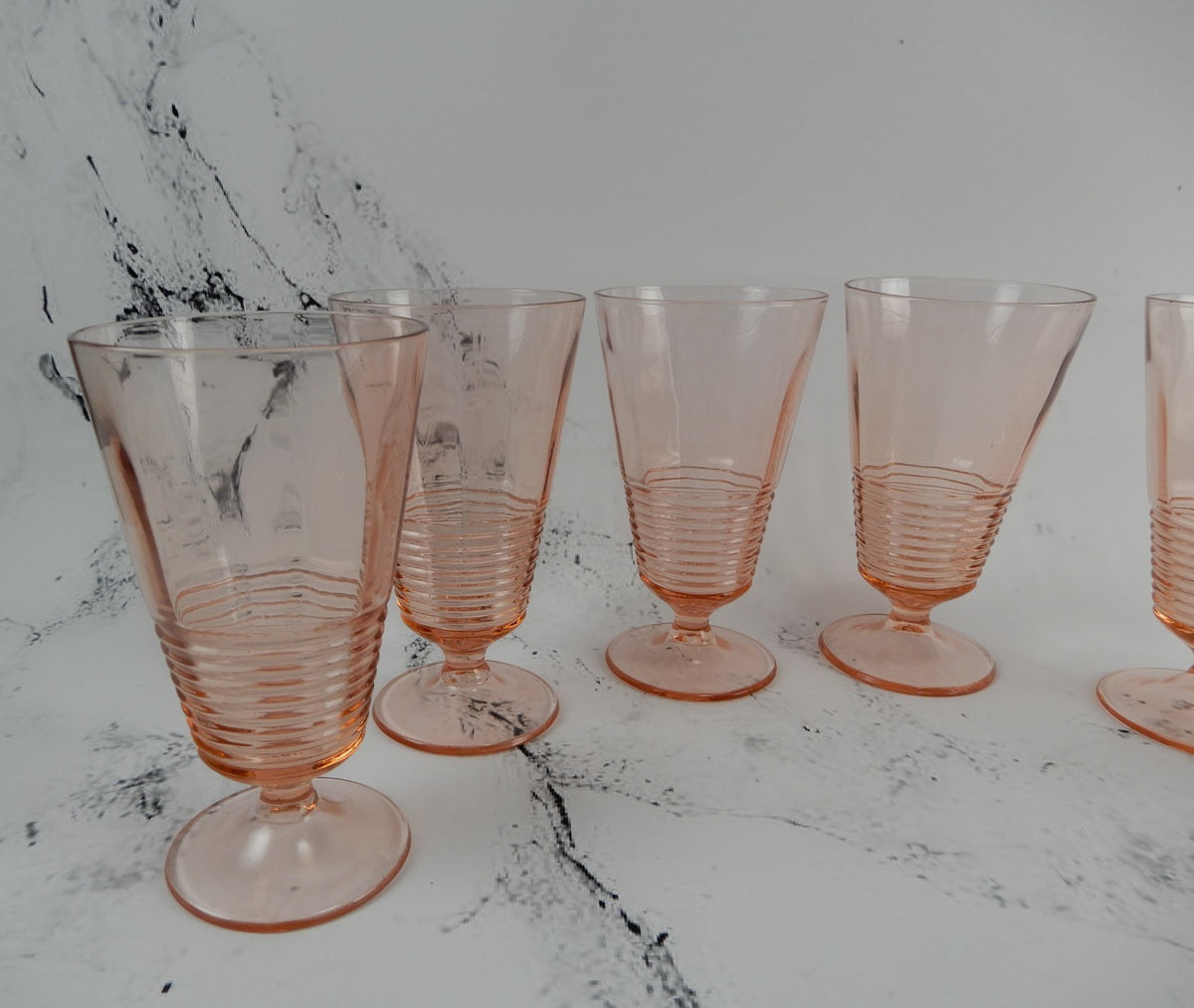 Set of 6 Federal Glass 1930s Pink Depression Ringed Stem Iced Tea Goblets 14oz