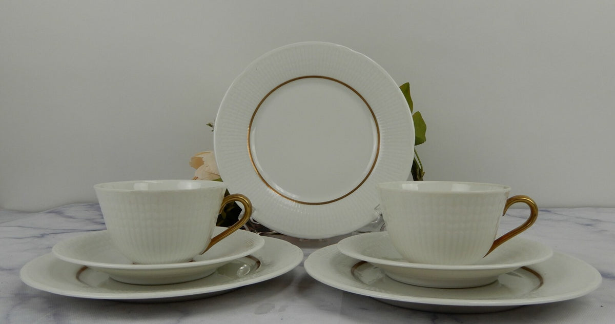 Rorstrand Sweden Swedish GRACE White & Gold 2 Cups & Saucers w/3 Dessert Plates