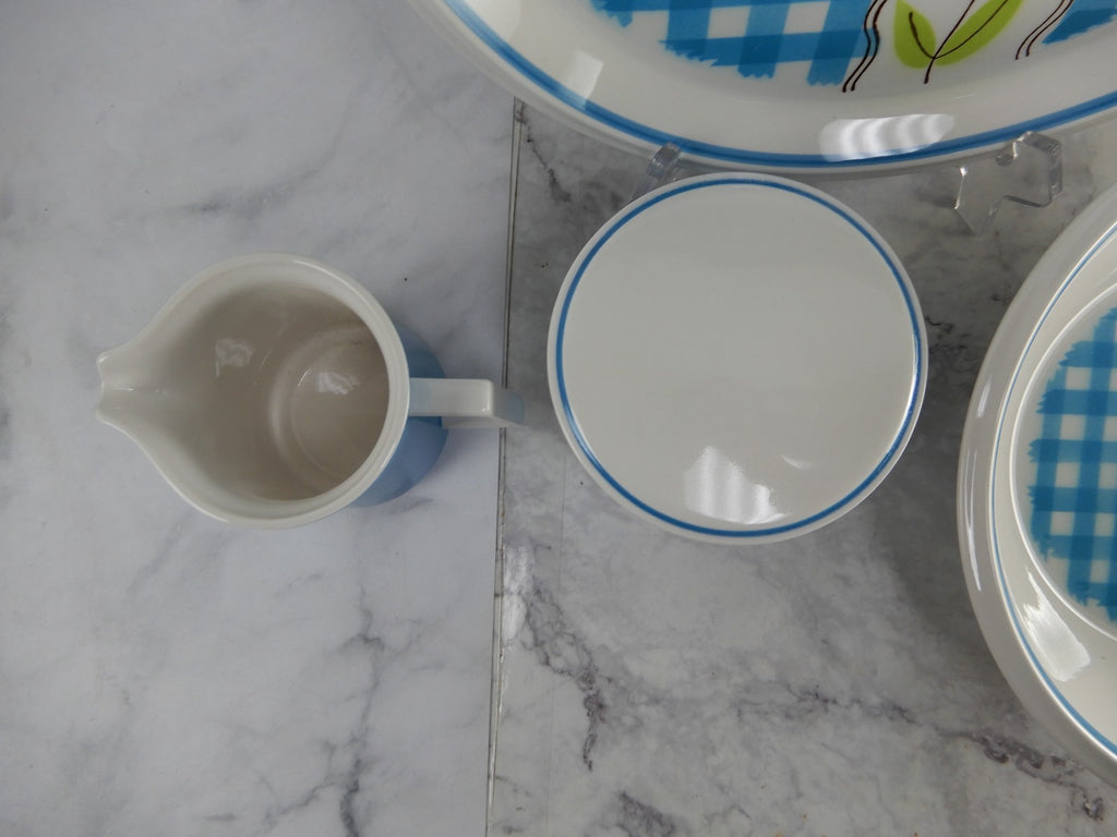 Vtge Mikasa Country Gingham Denim Serving Bowl,Creamer,Sugar Bowl,Round Platter