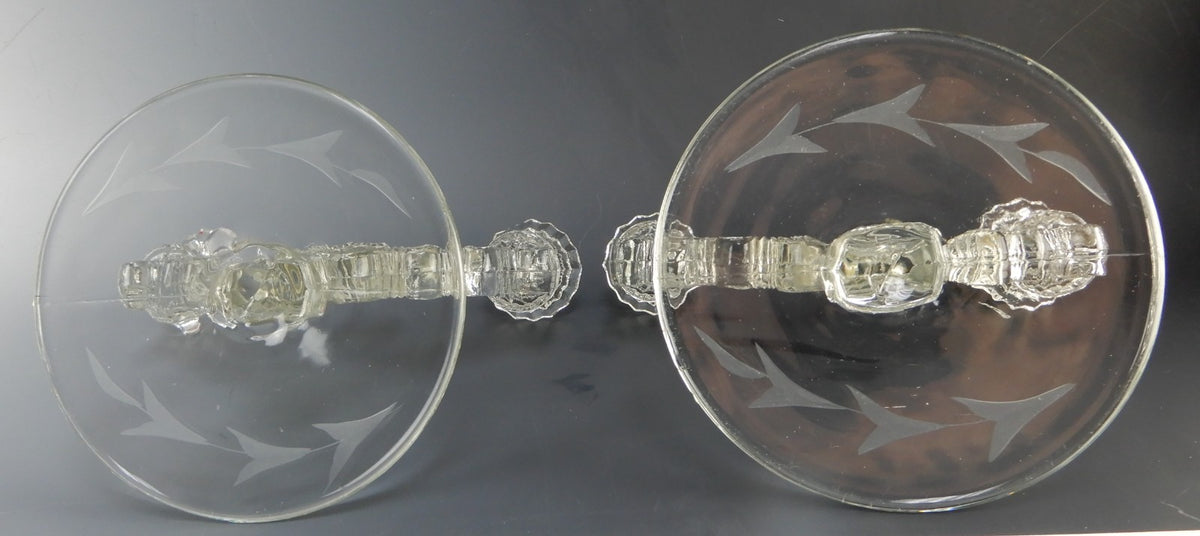 Pair of Paden City Largo Double Light Candle Holders Etch Leaf Base