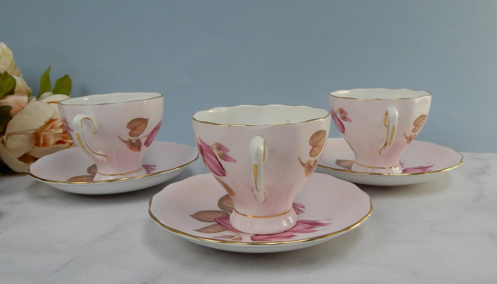 Set of 3 Colclough Bone China Pink Color Water Lily Teacups & Saucers