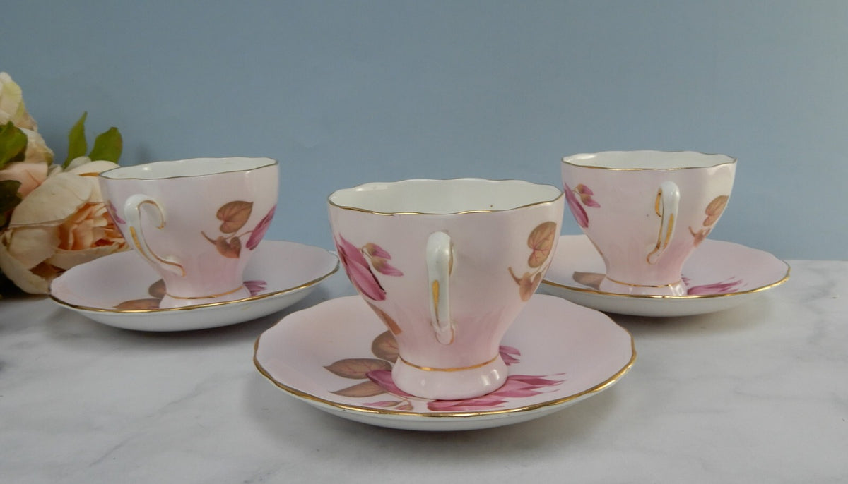 Set of 3 Colclough Bone China Pink Color Water Lily Teacups & Saucers