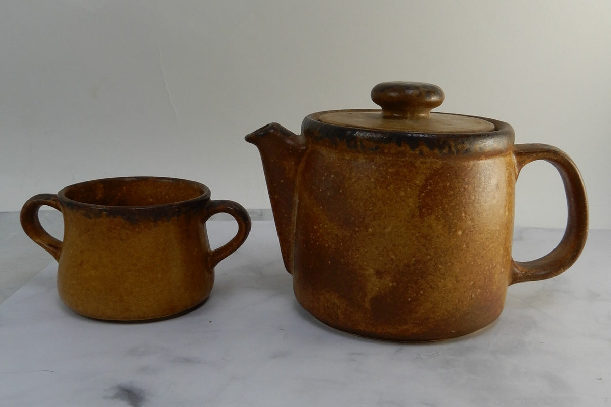 McCoy Pottery Canyon Mesa Double Handle Soup Bowl and Teapot Brown Stoneware
