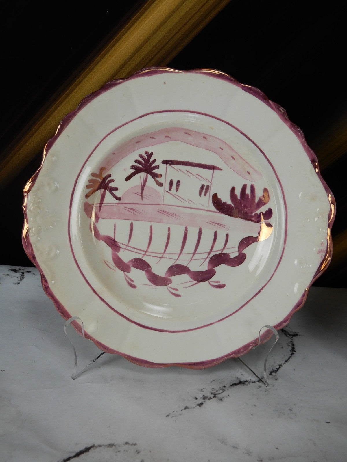 Antique Staffordshire Pink Luster Pearlware Embossed Handled Plates