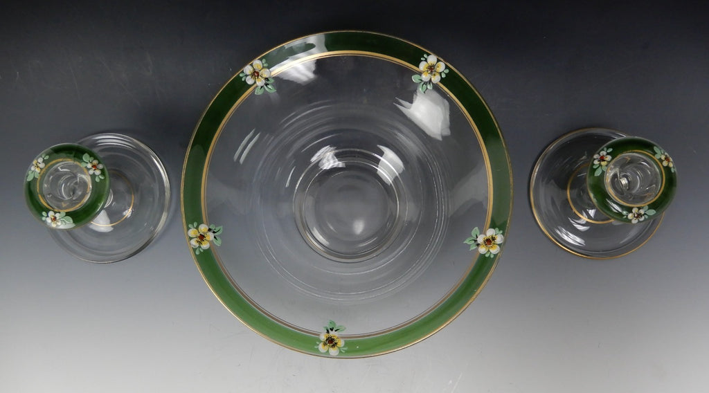 Indiana Glass Co Enamel Hand Painted Vegetable Serving Bowl w/ Candle Holders