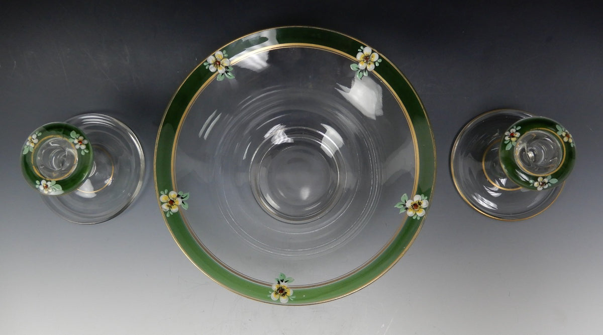 Indiana Glass Co Enamel Hand Painted Vegetable Serving Bowl w/ Candle Holders